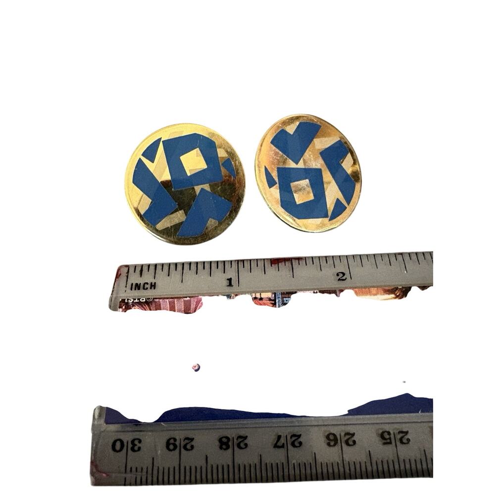 Vintage 1980's Avon Round Gold Tone Metal Abstract Blue Enamel Clip Earrings - Picture 2 of 6